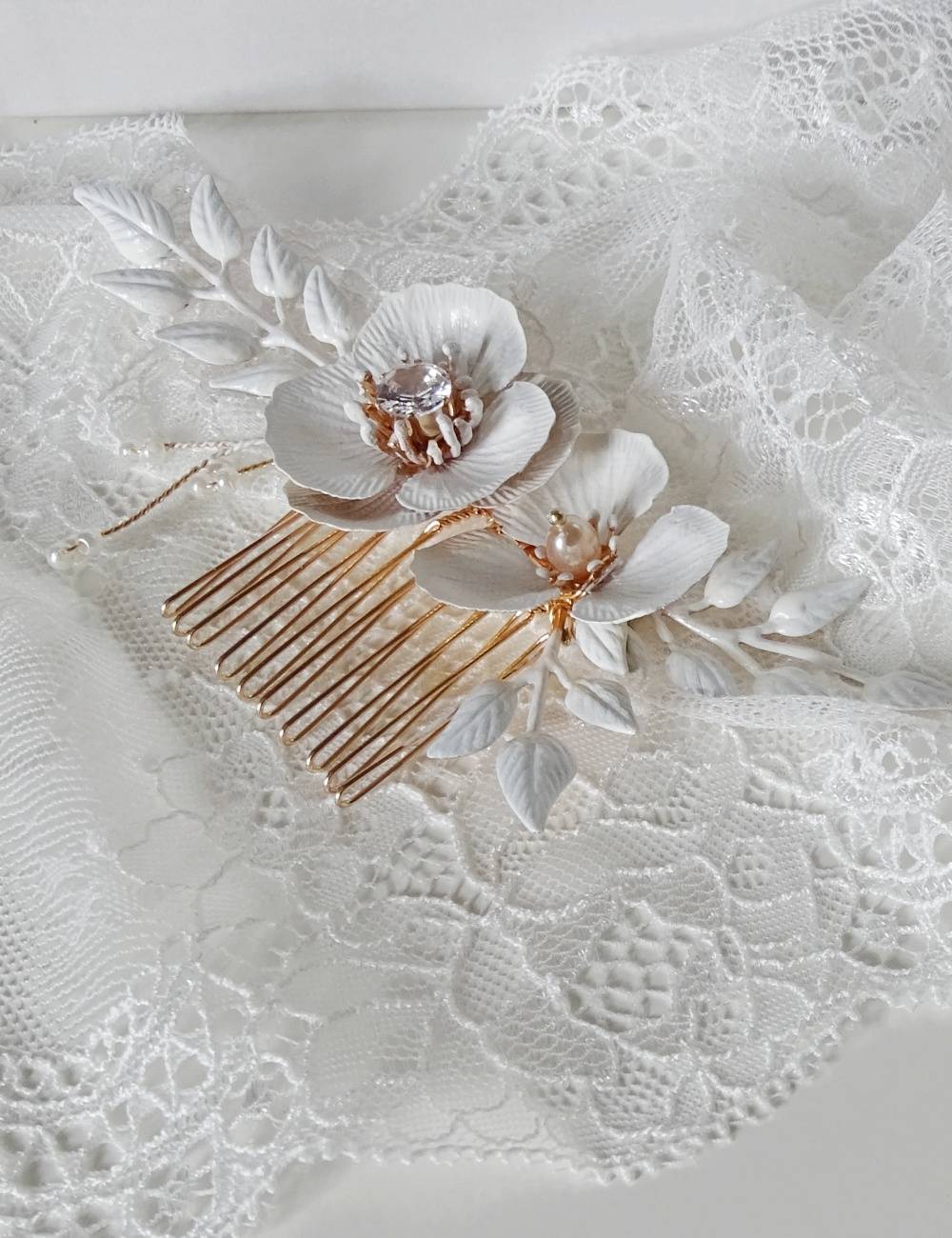 Gold and white bridal comb